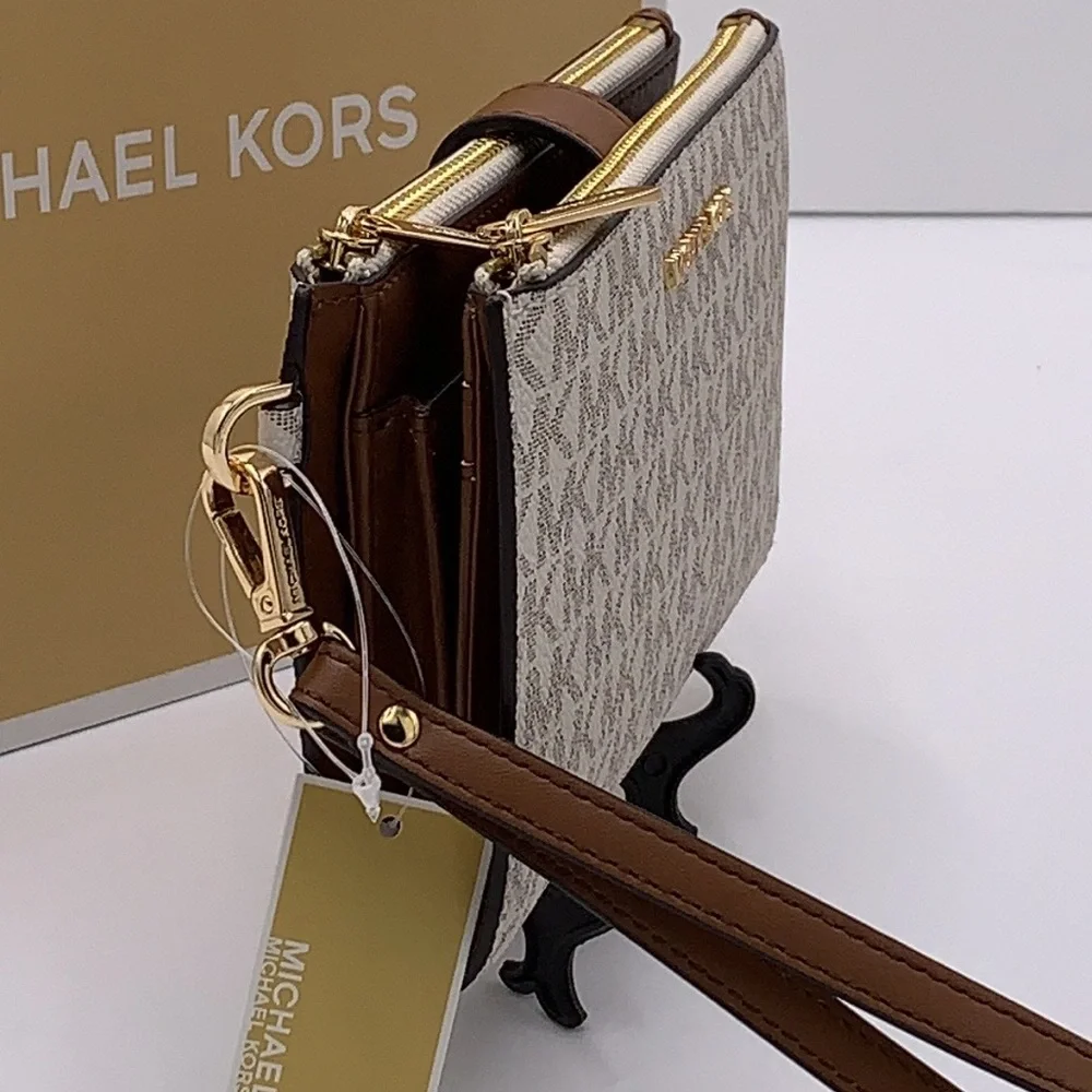 MICHAEL KORS LARGE DOUBLE ZIP WALLET WRISTLET COLOR: Vanilla LUGGAGE SI…
